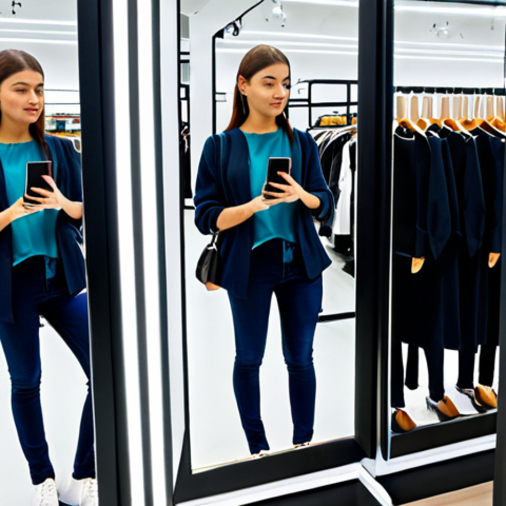 Retail - Augmented Reality Try-On**
"A modern retail clothing store with a young woman using a smartphone to virtually try on clothes in front of a smart mirror. The mirror displays various outfit options and styling suggestions. Background shows racks of fashionable clothing and other shoppers browsing. Fully clothed, modest clothing, appropriate attire. Safe for work, perfect anatomy, correct proportions, natural pose, well-formed hands, proper finger count, natural body proportions, professional photography, high quality."
**
