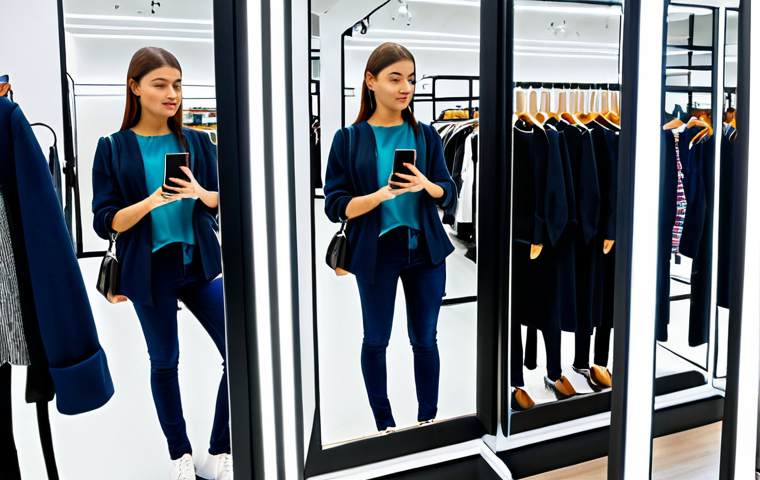 Retail - Augmented Reality Try-On**
"A modern retail clothing store with a young woman using a smartphone to virtually try on clothes in front of a smart mirror. The mirror displays various outfit options and styling suggestions. Background shows racks of fashionable clothing and other shoppers browsing. Fully clothed, modest clothing, appropriate attire. Safe for work, perfect anatomy, correct proportions, natural pose, well-formed hands, proper finger count, natural body proportions, professional photography, high quality."
**