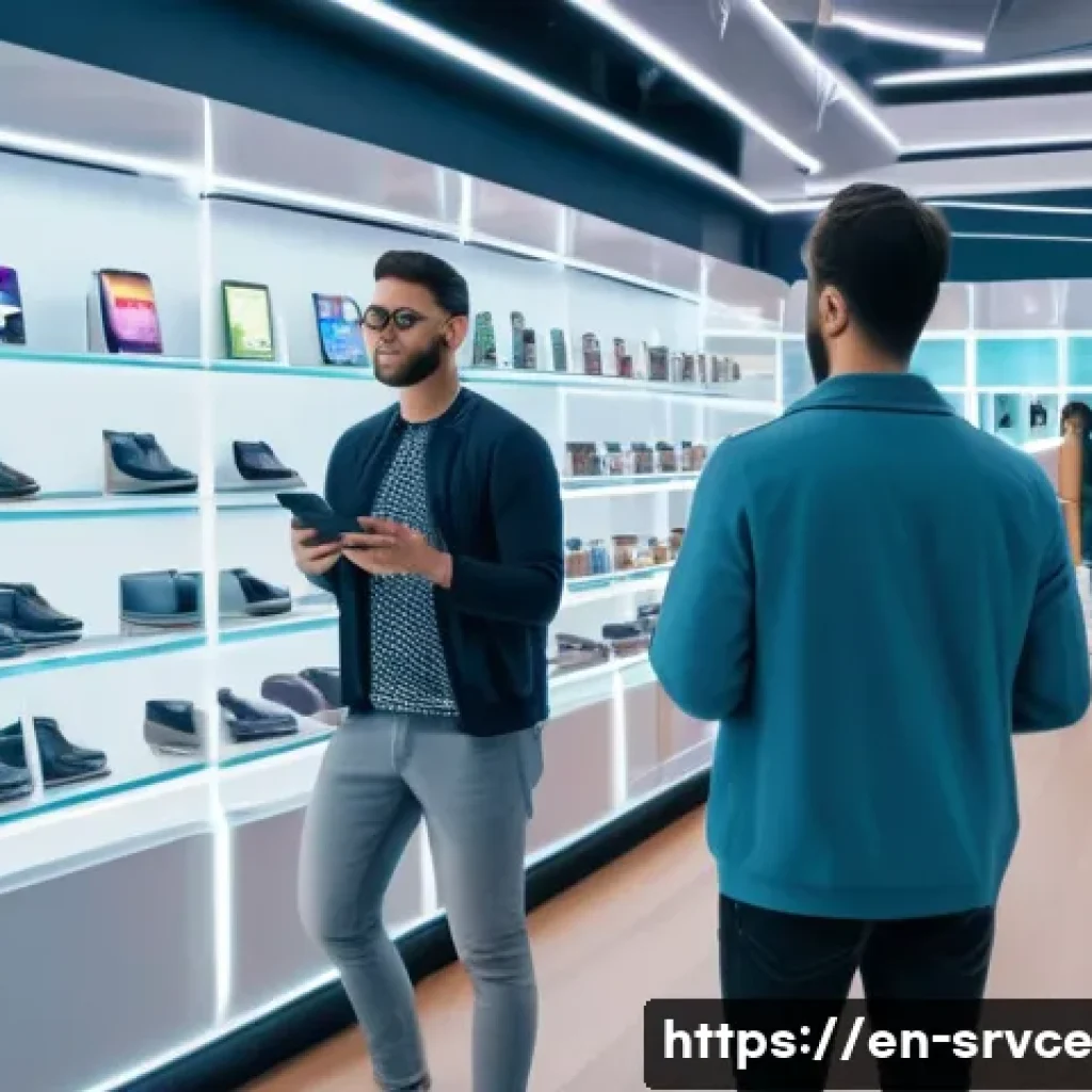 역메타버스 서비스의 비즈니스 모델 변화 - A futuristic retail store interior blending physical shelves with augmented reality digital overlays...