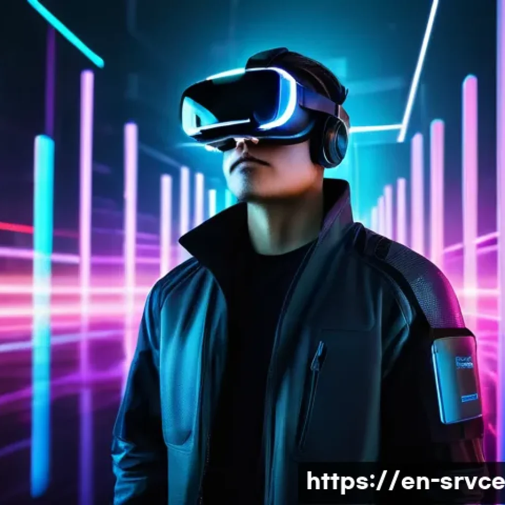 역메타버스 서비스의 보안 위험 - A futuristic digital scene depicting a reverse metaverse user wearing sleek, high-tech virtual reali...