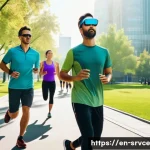 역메타버스 서비스의 소비자 요구 변화 - A modern urban scene showing a diverse group of adults using smart wearables such as AR glasses and ...