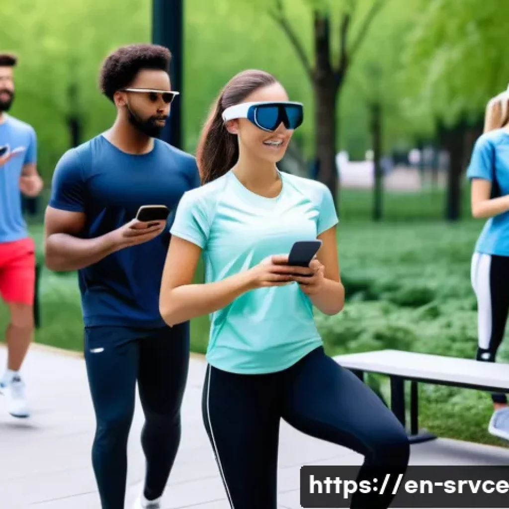 역메타버스 서비스의 성과 측정 방법 - A futuristic urban park scene showcasing a diverse group of people using augmented reality glasses a...