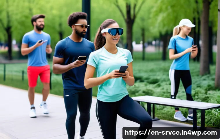 역메타버스 서비스의 성과 측정 방법 - A futuristic urban park scene showcasing a diverse group of people using augmented reality glasses a...