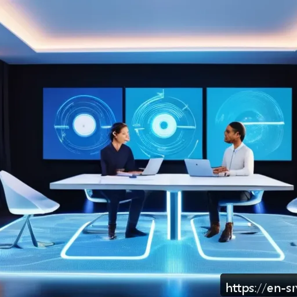 역메타버스와 원격 근무의 통합 - A futuristic virtual office environment featuring a diverse team of professionals interacting in a s...