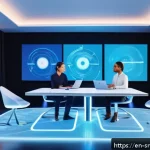 역메타버스와 원격 근무의 통합 - A futuristic virtual office environment featuring a diverse team of professionals interacting in a s...