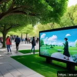 역메타버스 서비스의 글로벌 네트워크 구축 - A vibrant city park scene blending real and virtual worlds, showing diverse people wearing casual mo...