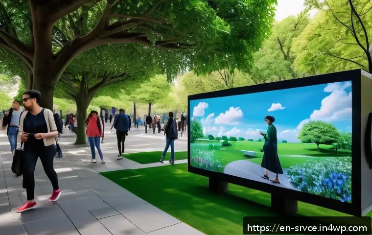 역메타버스 서비스의 글로벌 네트워크 구축 - A vibrant city park scene blending real and virtual worlds, showing diverse people wearing casual mo...