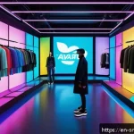 역메타버스 서비스의 효과적인 홍보 방법 - A futuristic fashion showroom in a vibrant reverse metaverse setting, featuring diverse avatars wear...