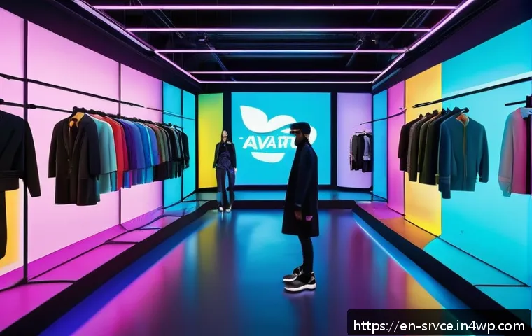 역메타버스 서비스의 효과적인 홍보 방법 - A futuristic fashion showroom in a vibrant reverse metaverse setting, featuring diverse avatars wear...